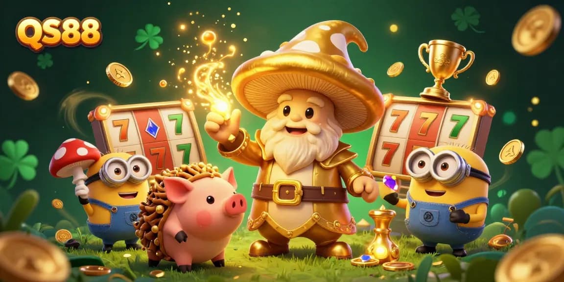 Join the excitement at QS88 with a magical 3D casino scene featuring a golden wizard and treasure-hunting pig.