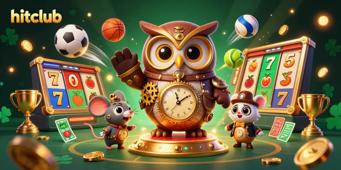 Engage with hitclub's thrilling 3D time-traveler casino illustration showcasing slot elements, sports action, and vibrant details.