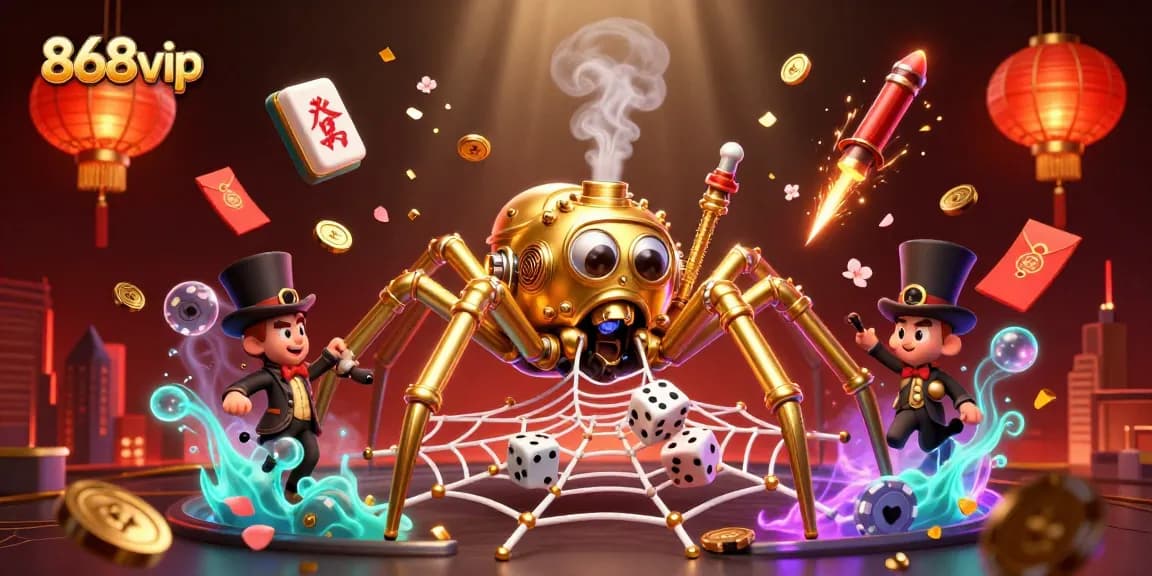 Catch dice fortune with the captivating 868vip casino scene showcasing a steampunk spider and golden elements.