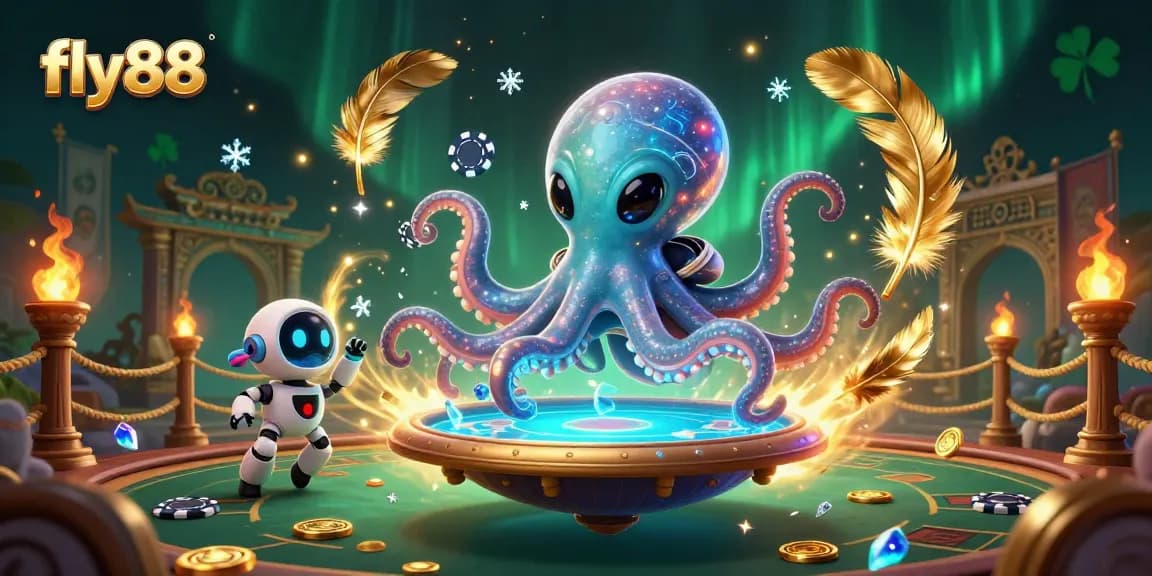 Experience winning thrills at fly88 with a vibrant holographic casino scene featuring unique extraterrestrial characters.