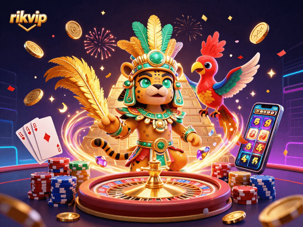Engage in thrilling gameplay with rikvip as the Mayan jaguar priest and quetzal bird celebrate casino wins in a vibrant 3D scene.