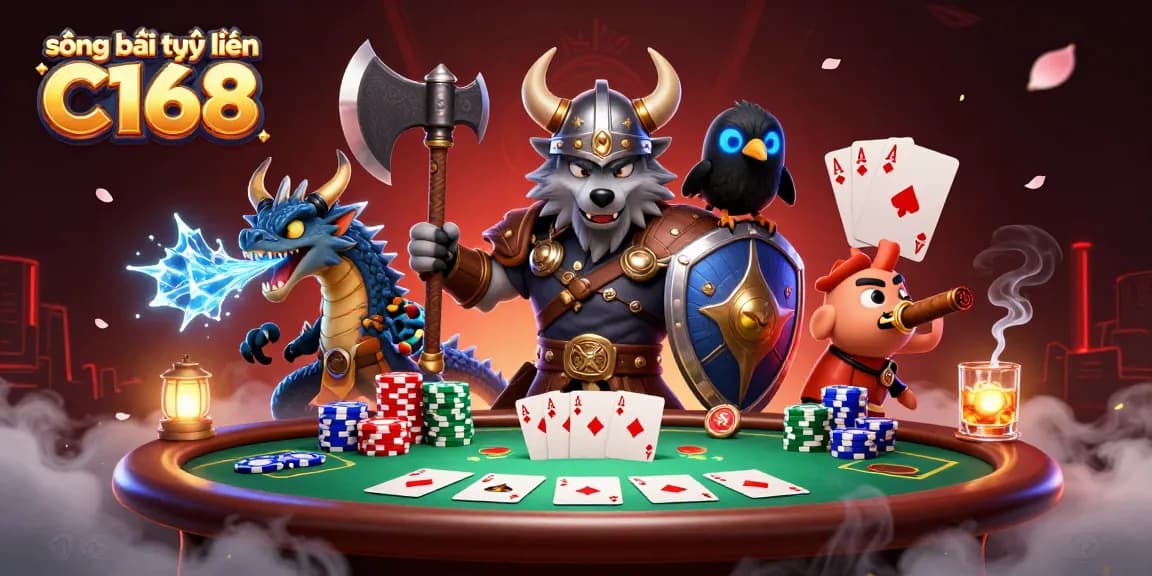 Engage in thrilling sòng bài trực tuyến C168 action with vibrant poker elements and heroic characters.