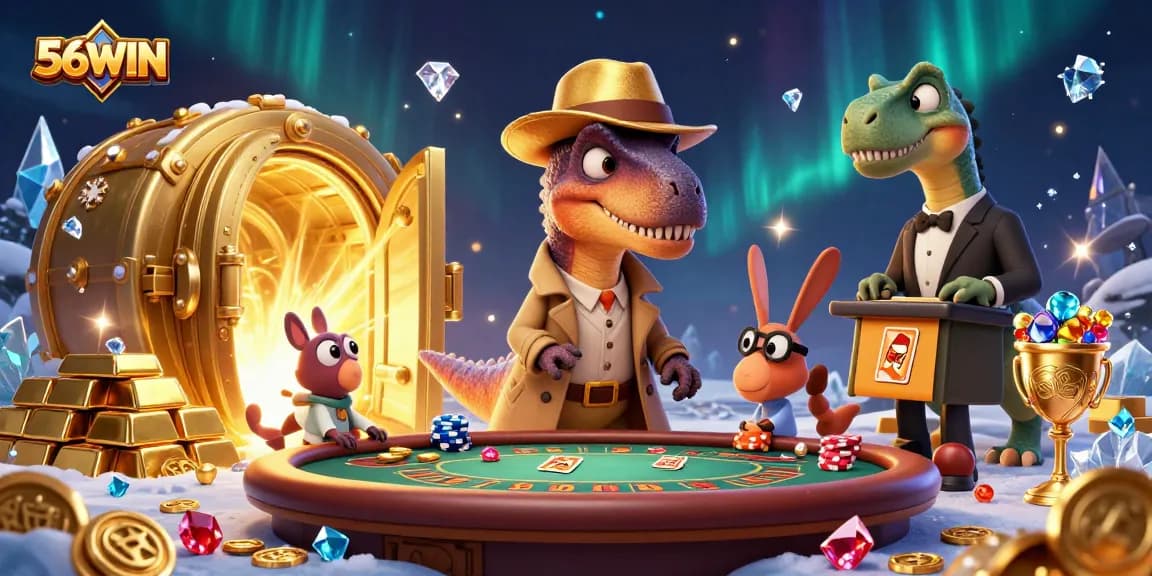 56WIN velociraptor card counter sneaks at blackjack table amid treasure, excitement, and gems.