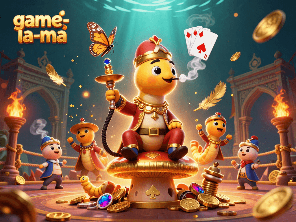 Engage with the thrilling universe of game-la-ma featuring an energetic scene with a hookah-master and vibrant casino elements.
