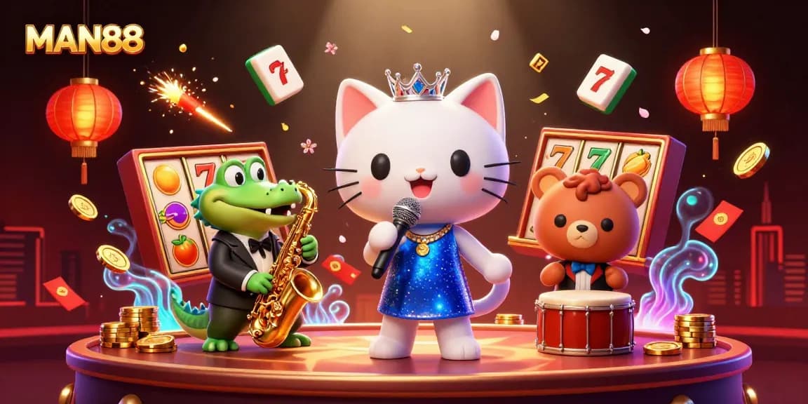 Engage with MAN88's vibrant casino atmosphere featuring animated characters and lively gaming elements.