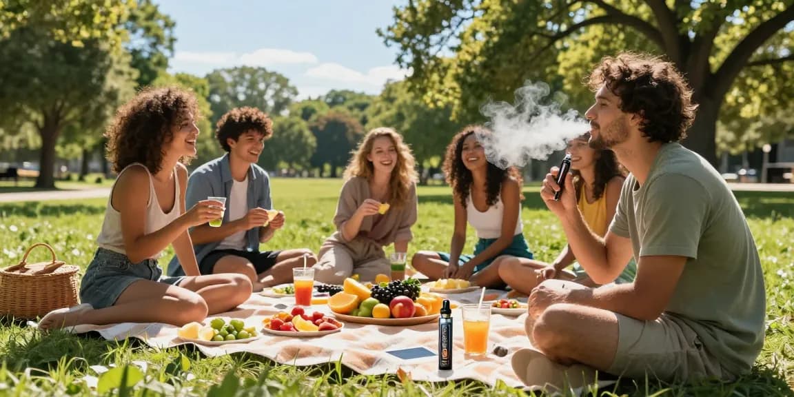 Engaging outdoor picnic scene showcasing friends enjoying THC vapes UK, organic snacks, and a healthy lifestyle in a natural setting.