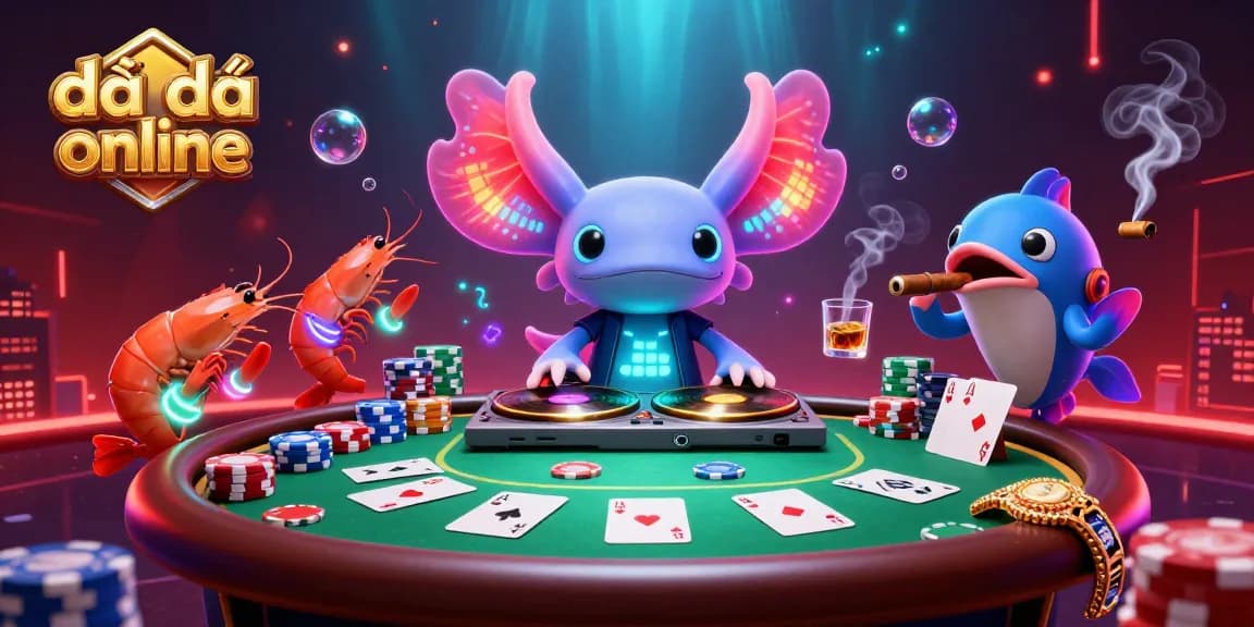 Engage in the excitement of đấu địa chủ online with a vibrant scene of an axolotl DJ, poker elements, and lively underwater characters.