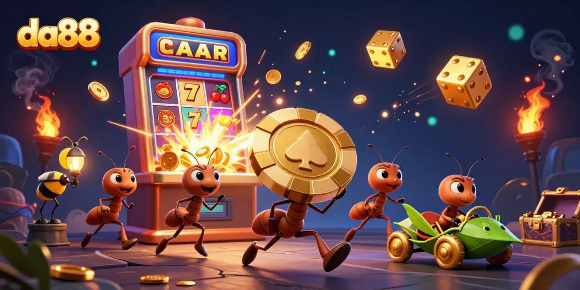 da88 team of ants celebrates a jackpot heist in a vibrant casino tunnel scene.