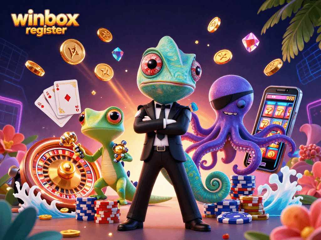 Engaging illustration showcasing winbox register with characters in an energetic casino scene.