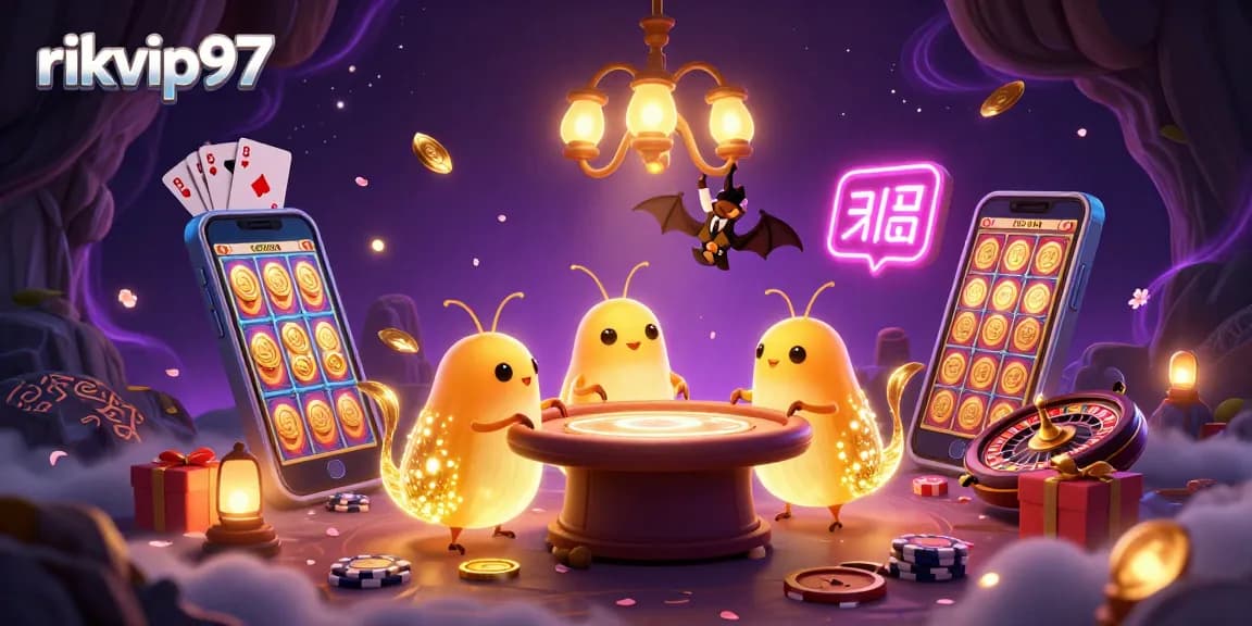 Experience vibrant gameplay at rikvip97 with glowworms lighting a cave casino and engaging slot machines.