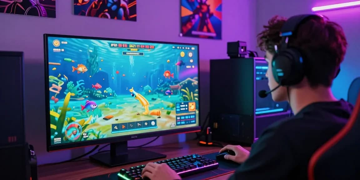 78wind.com gaming scene with a player engaged in online fish-shooting game, showcasing vibrant graphics and modern accessories.