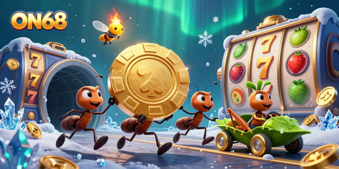 Experience the thrill of ON68 as ants embark on a heist for giant poker chips, surrounded by casino excitement!