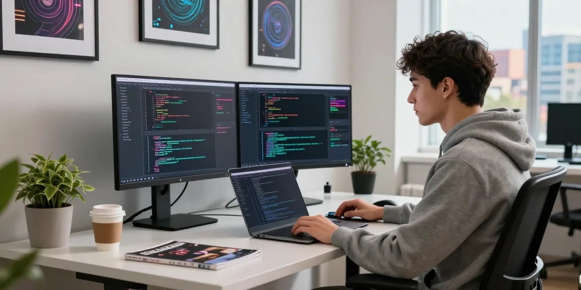 Dynamic coder debugging hot AI software in a vibrant workspace.