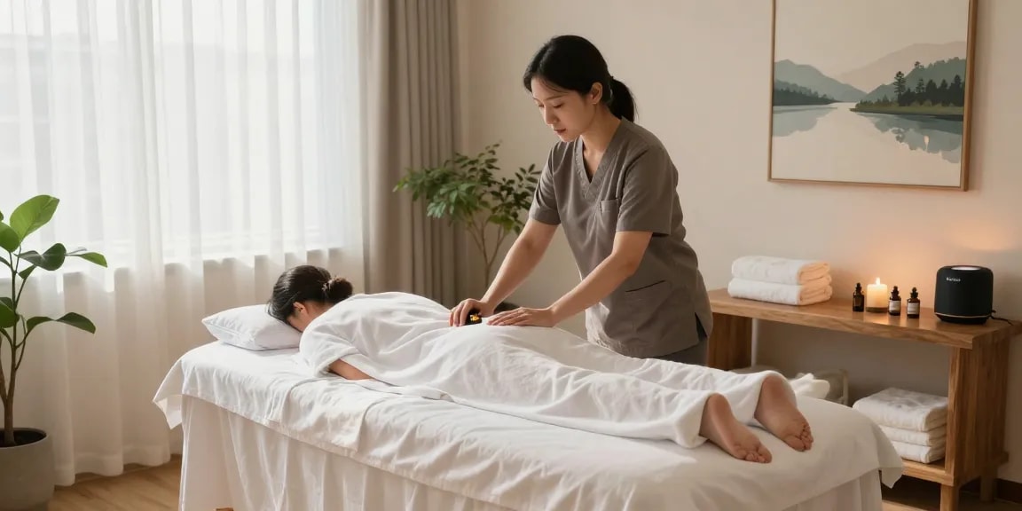Relaxing 강서구출장안마 experience in a serene massage room with candles and essential oils.