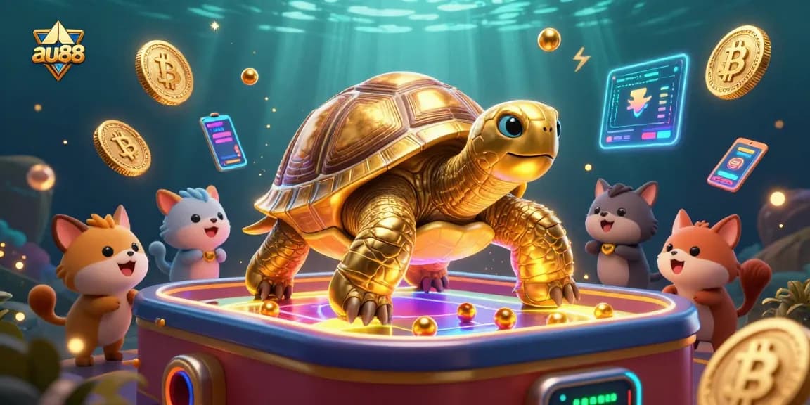 Experience the excitement of gambling with au88, featuring a colossal golden tortoise and crypto elements in a vibrant casino scene.