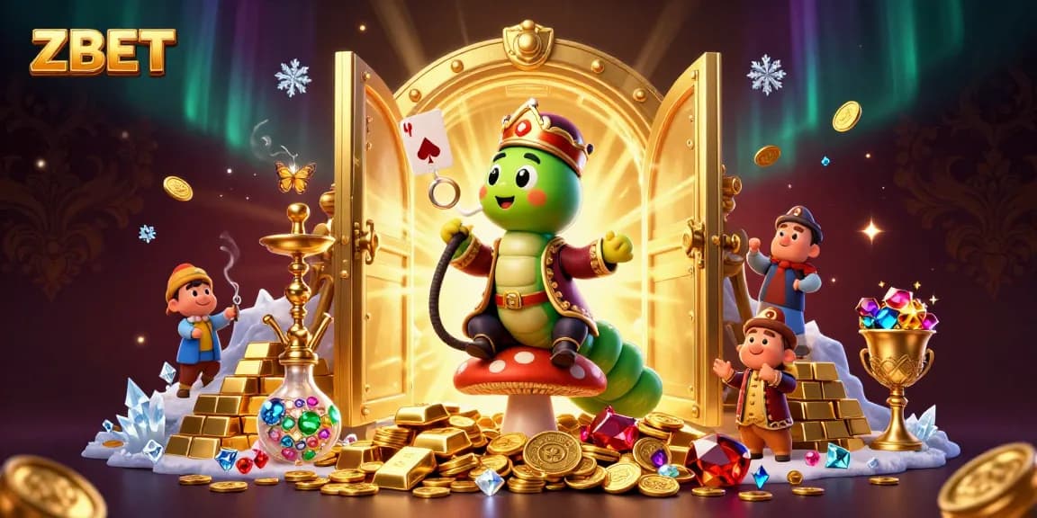 ZBET captivates with vibrant 3D illustration of a whimsical hookah-master in a golden casino throne, bursting with treasures.