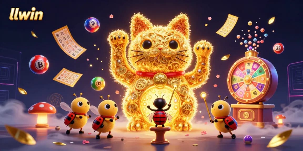 Engage with llwin's dynamic luck in a 3D scene filled with vibrant casino symbols and cheerful gaming elements.