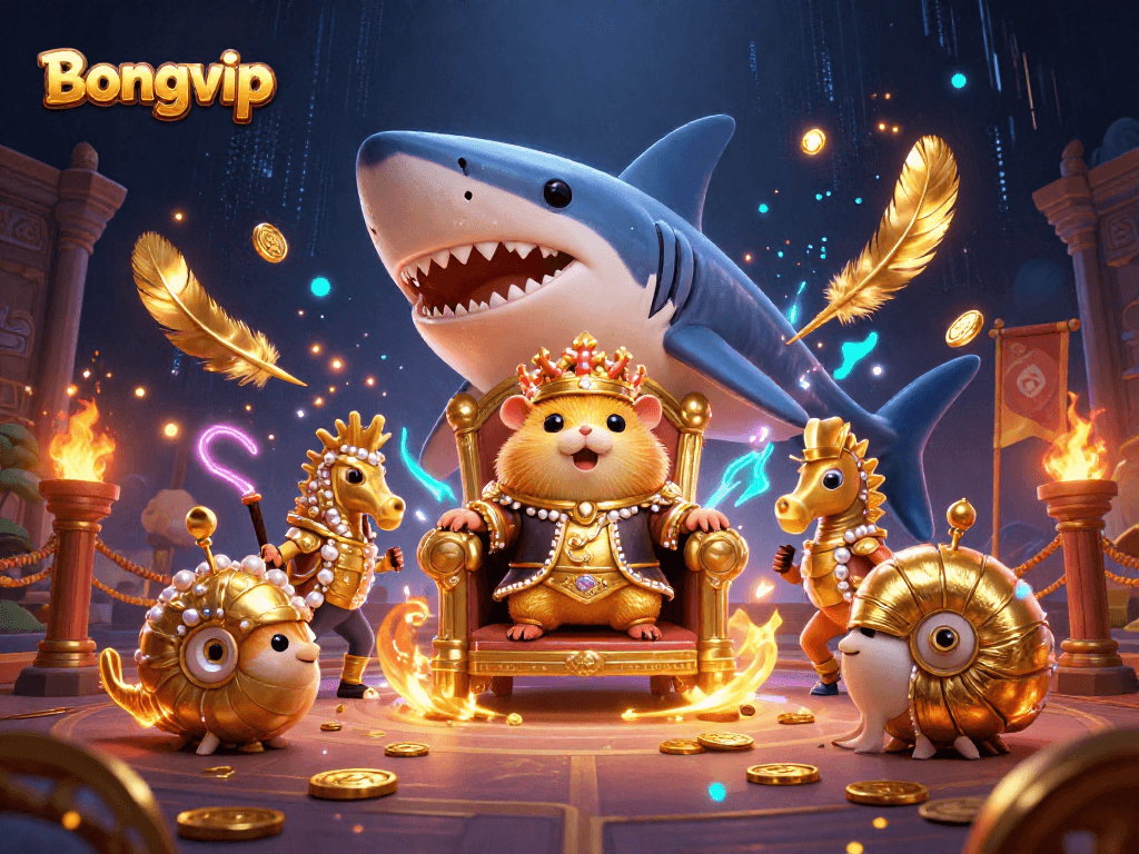 Bongvip showcases engaging gaming elements featuring a golden hamster king with seahorse guards amidst a vibrant casino setting.