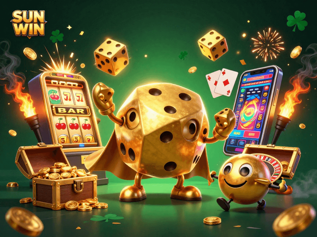 SUN WIN showcases 3D golden dice golem juggling dice amidst a jackpot explosion, capturing thrilling casino energy.