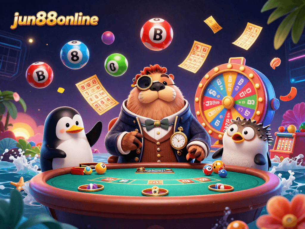Experience exciting gambling at jun88online with a dynamic underwater poker scene featuring a jolly walrus and vibrant game elements.