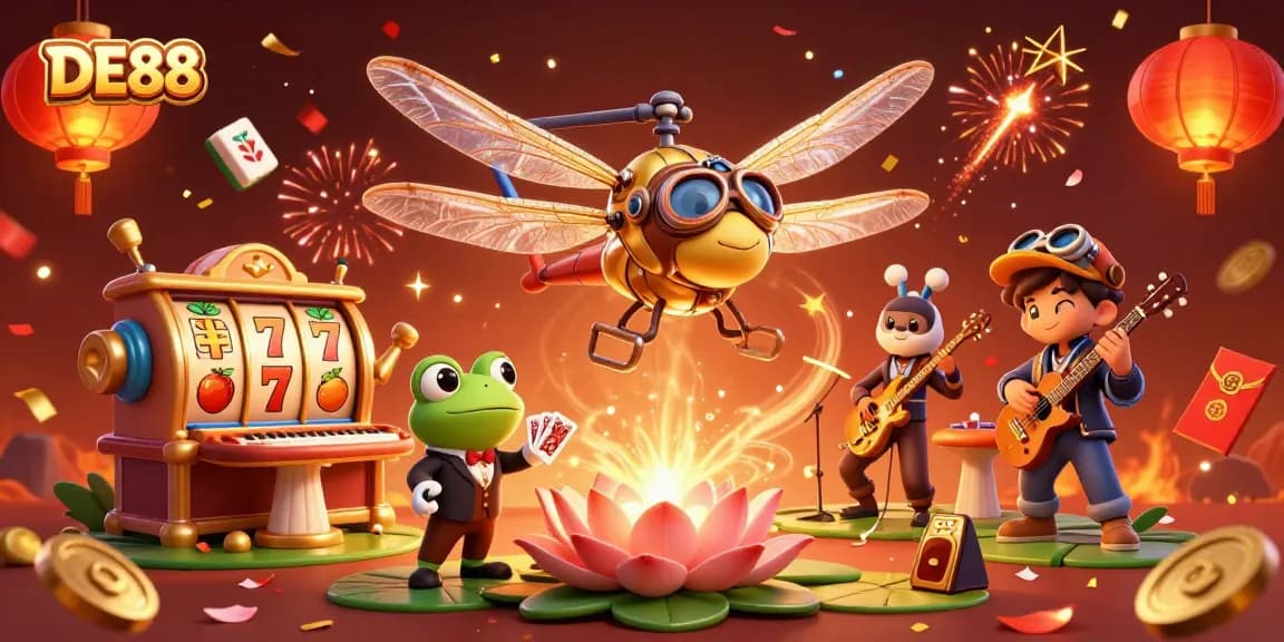 Engage with DE88's vibrant casino world featuring a dragonfly pilot and frog croupier.