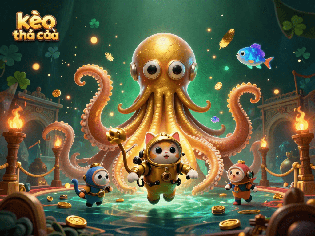 Engage with kèo nhà cái in a thrilling underwater casino scene featuring a kraken and a diving cat.