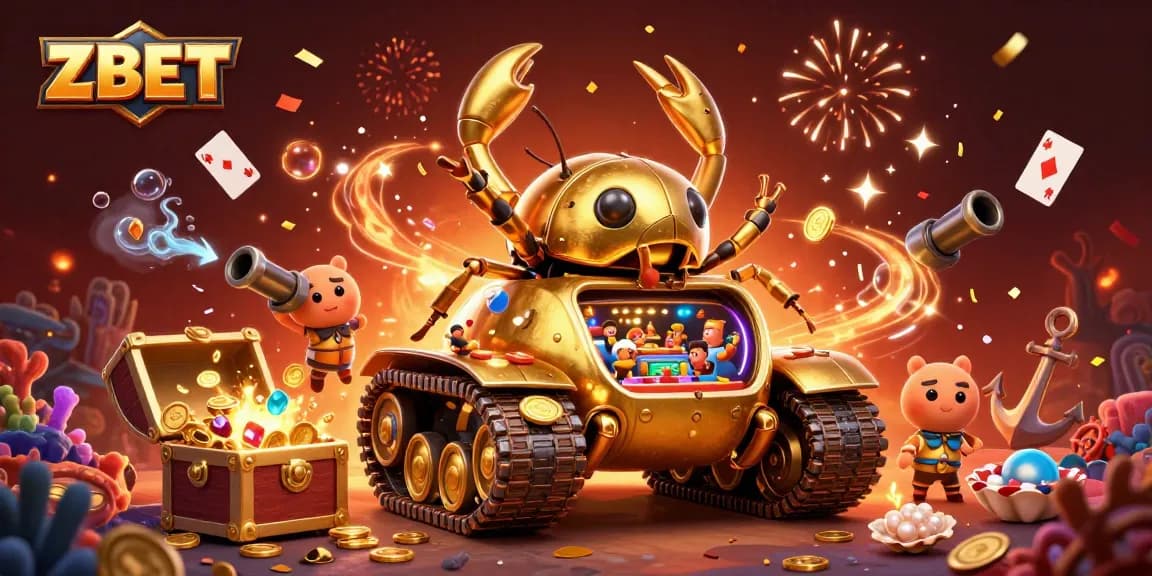 ZBET showcases a vibrant and energetic casino scene within a golden beetle tank, brimming with fun elements.