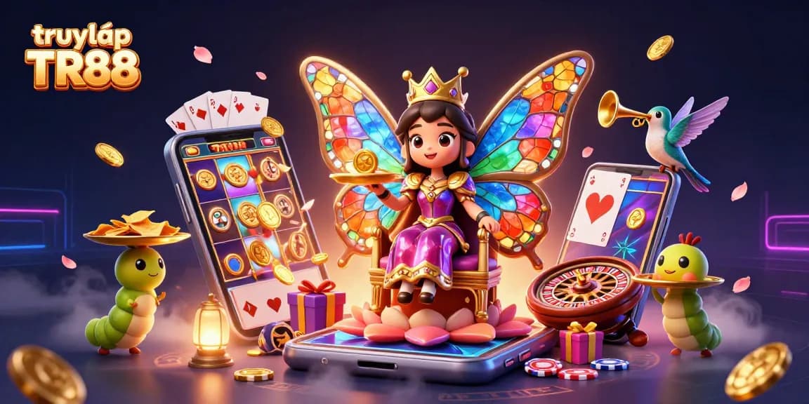 Experience the excitement of truy cập TR88 with colorful slots and vivid gaming elements in a dynamic scene.