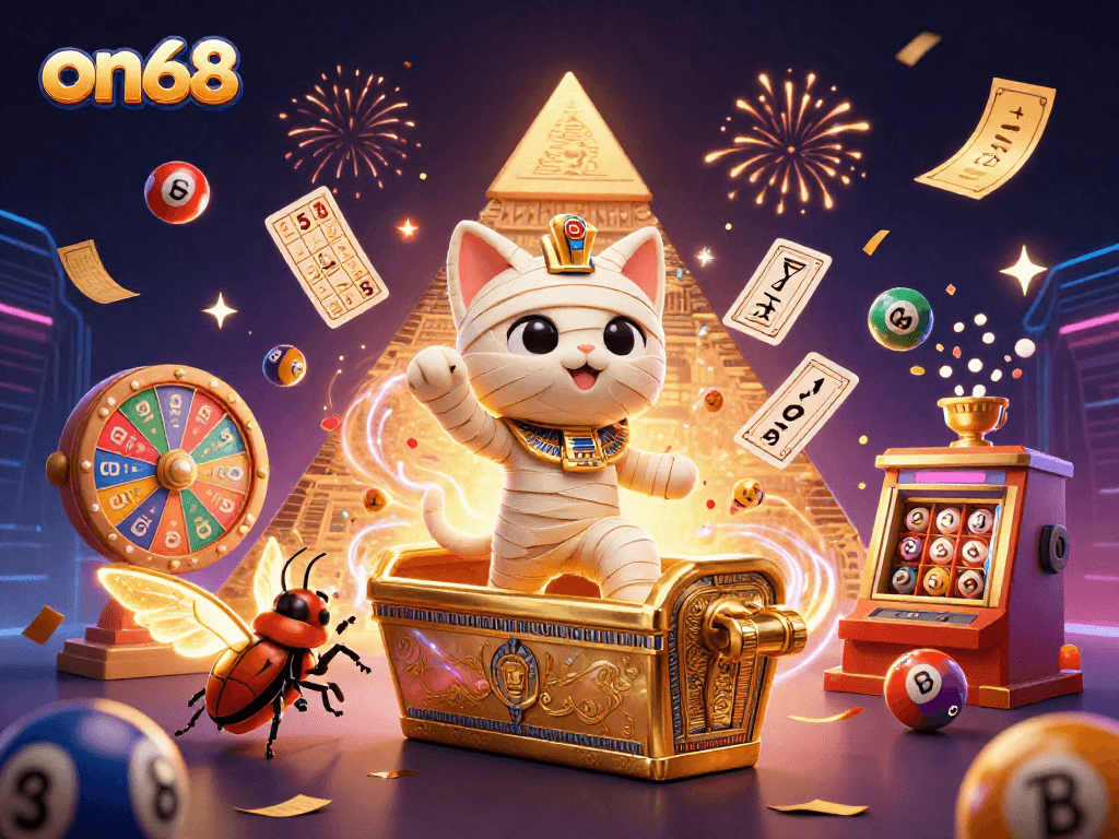 Experience the thrilling world of on68, featuring a mummy cat and glowing scarab in an exciting casino setting.