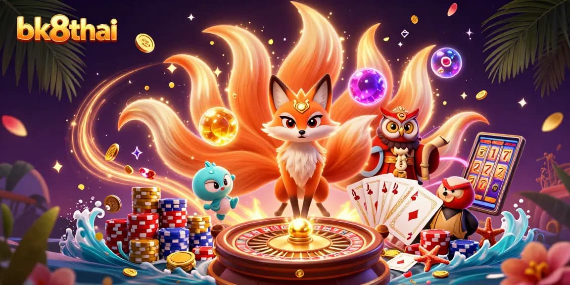 Experience the thrill of bk8thai with a vibrant 3D casino scene featuring unique characters and gaming elements.
