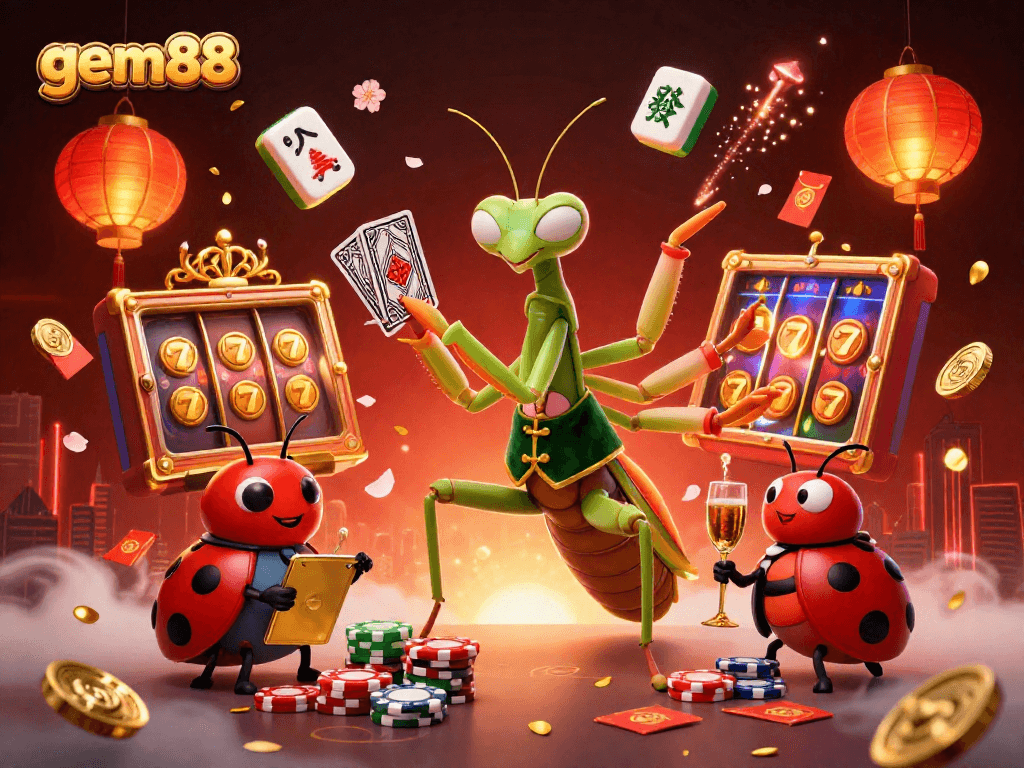 Experience thrilling gameplay with gem88's vibrant casino scene featuring charismatic characters and dynamic game elements.