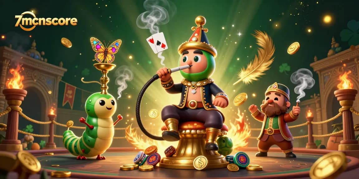 Experience thrilling gaming with 7mcnscore's vibrant 3D casino illustration featuring unique characters and symbols.