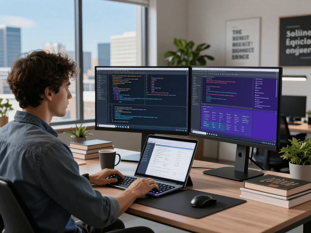 Net88 software development workspace with dual monitors displaying code and UI design tools, creating an innovative atmosphere.