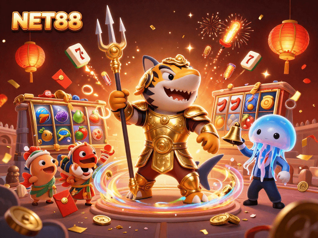 Experience NET88 thrills with a lively underwater casino scene featuring a tiger shark, fish, and festive elements.