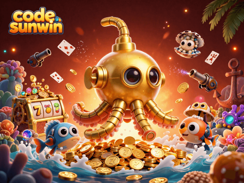 Play and win with code sunwin in a vibrant 3D casino adventure scene filled with treasures.