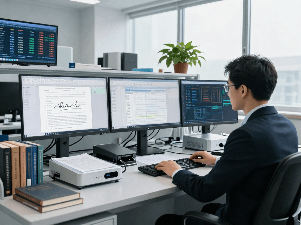 Professional workspace illustrating document fraud detection analysis with advanced AI technology and forensic tools.
