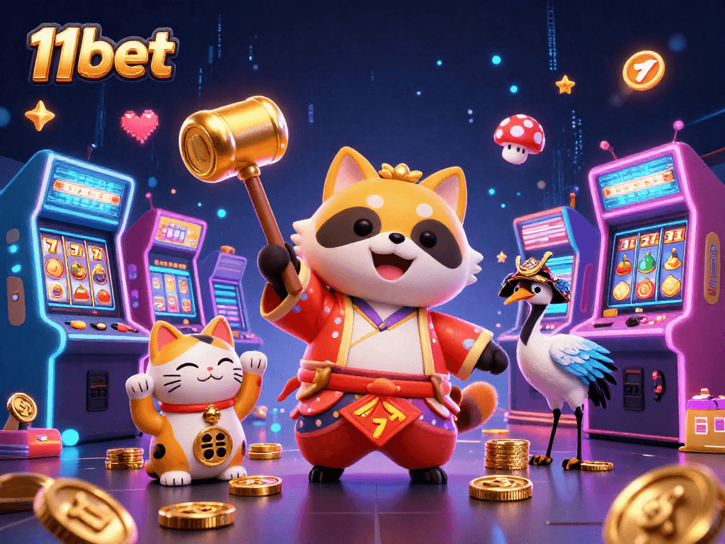 Engage with 11bet in a vibrant casino-themed 3D illustration featuring a joyful tanuki and lucky symbols.