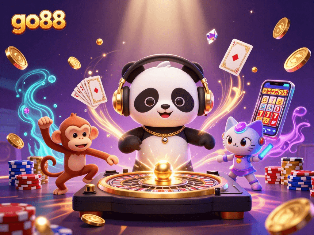 Experience the vibrant energy of go88 with a DJ panda and a dancing monkey in this lively casino scene.
