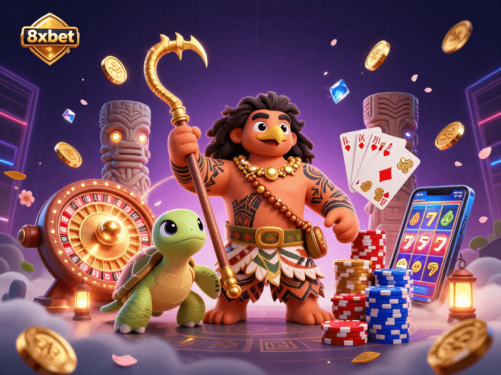 Win with 8xbet's immersive 3D casino experience featuring vibrant characters and game elements.