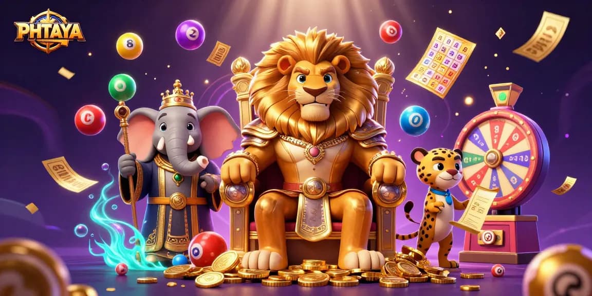 PHTAYA showcases a vivid 3D illustration of vibrant gambling elements, featuring lottery balls and a regal lion king.