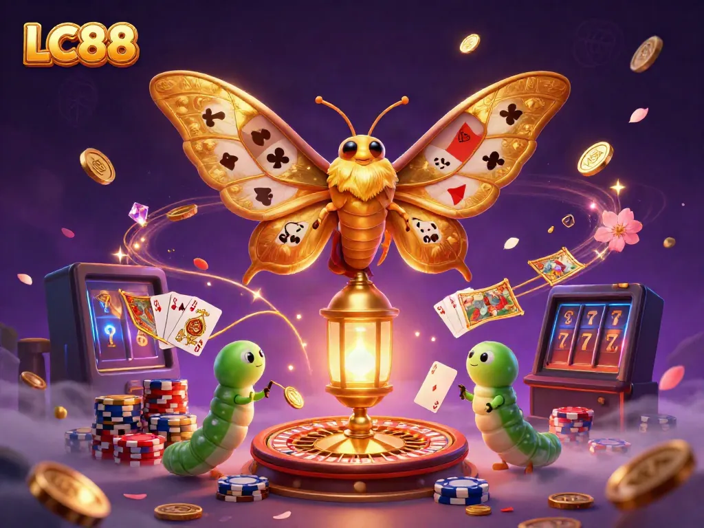 LC88 showcases a vibrant casino scene featuring a majestic moth and silk worms surrounded by animated gaming elements.