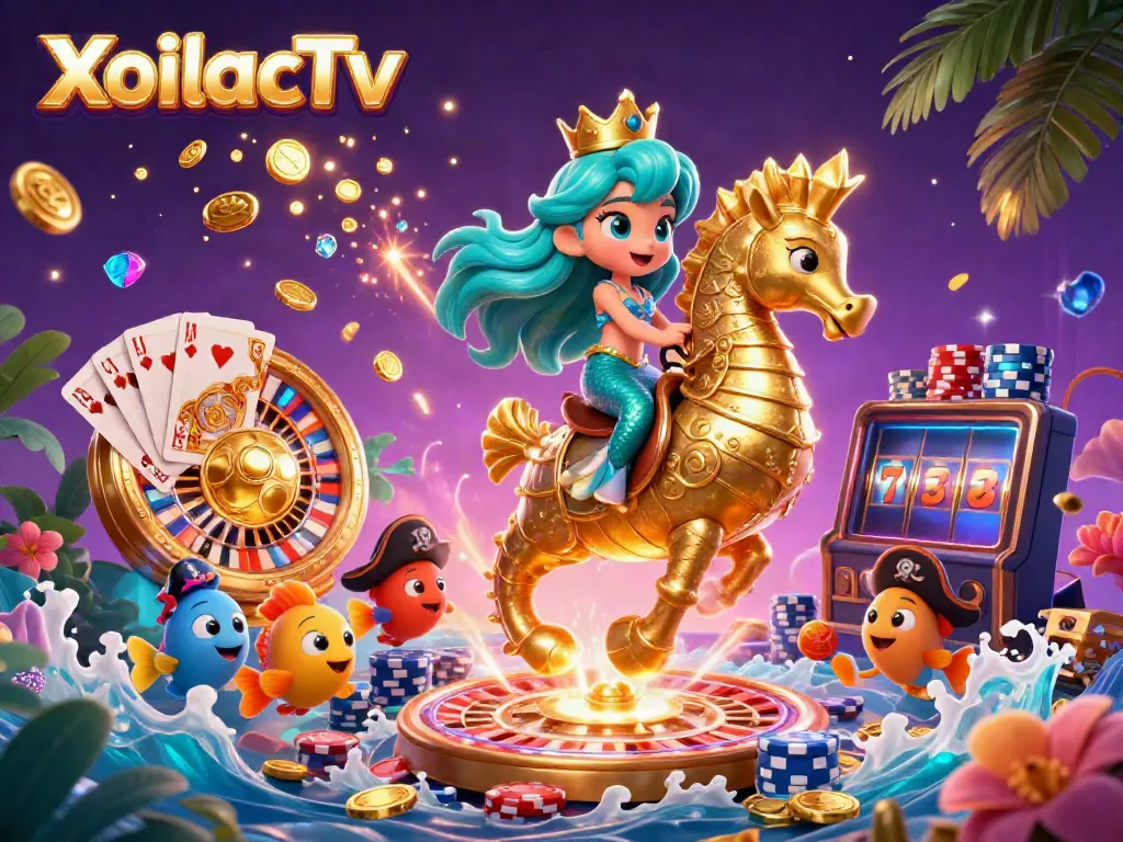XoilacTv features a dynamic scene of a mermaid riding a seahorse, surrounded by colorful fish and casino elements.