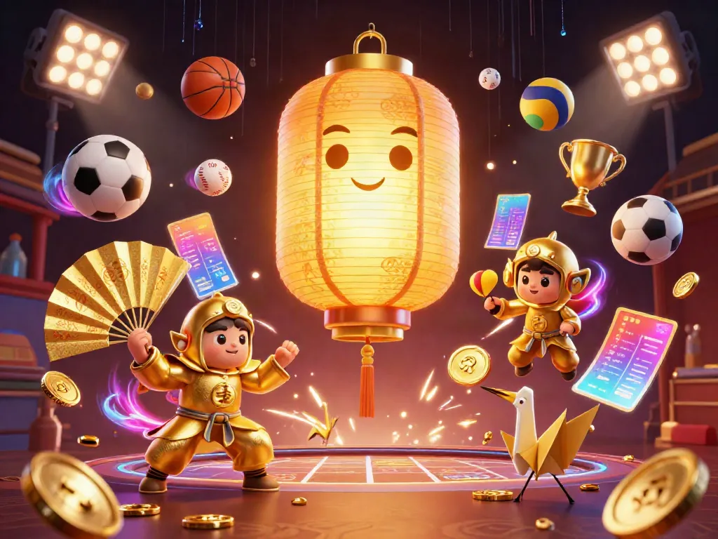 SUNWIN casino illustration showcasing a golden lantern spirit with warrior companions amidst dynamic sports elements.