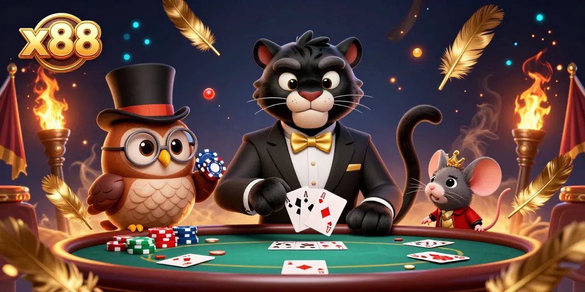 x88 engages players with a stylish black panther dealing cards alongside a charming owl and lucky mouse in this vibrant casino scene.