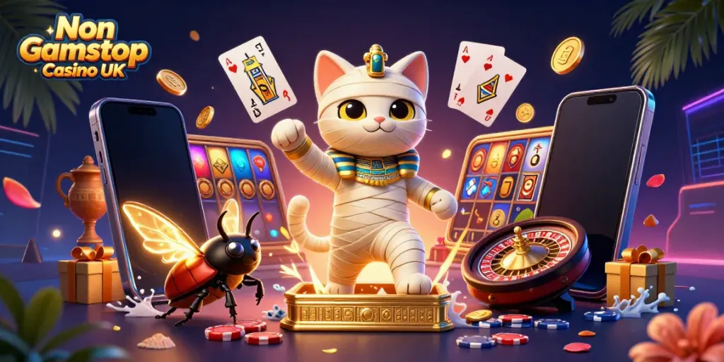 Engage with Non Gamstop Casino UK through an exciting 3D scene of a mummy cat, slot games, and glowing elements.