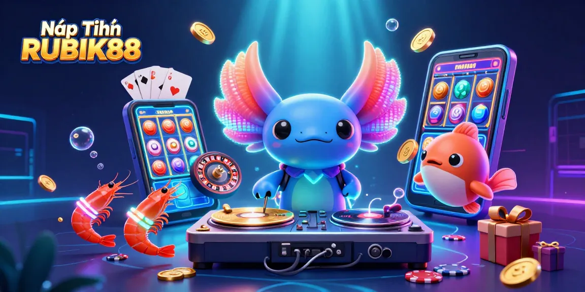 Nạp Tiền RUBIK88 with a neon axolotl DJ, dynamic casino elements, and underwater glowing effects