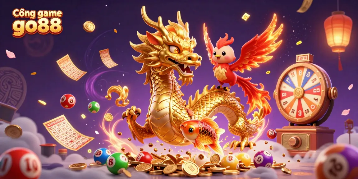 Cổng game go88 features a fierce golden dragon, red phoenix, and koi fish among dynamic lottery elements.
