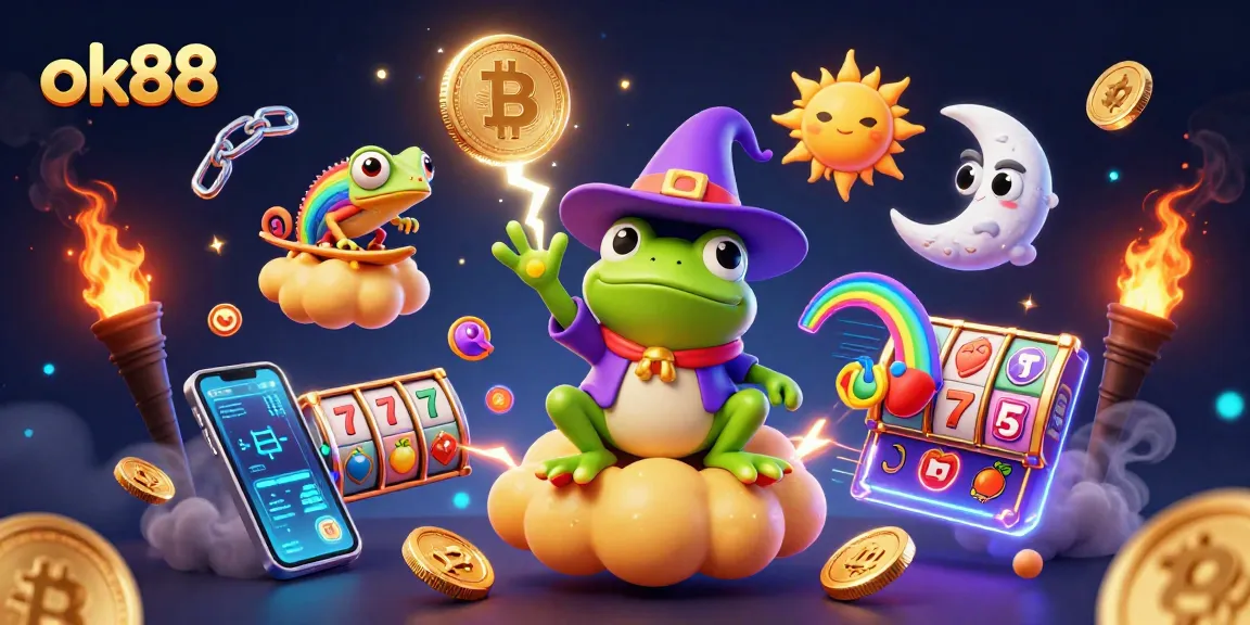 Play and win with ok88 in a vibrant 3D cartoon casino scene filled with exciting gambling elements.