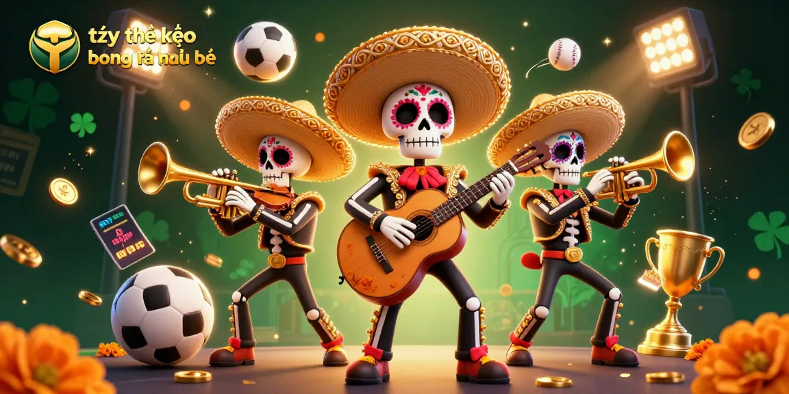 Engage with tỷ lệ kèo bóng đá nhà cái in this vibrant 3D scene filled with sports elements and mariachi band.