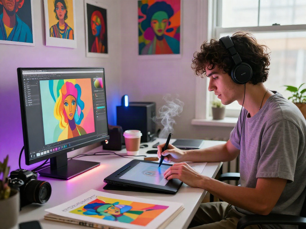 Creative workspace showcasing NSFW AI digital art process with vibrant colors and energetic atmosphere.